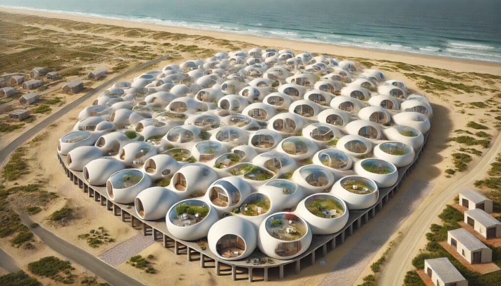 Array of approxx 10×10 round "bubble" houses side by side among the dunes. The entire condominium is elevated on pillars.