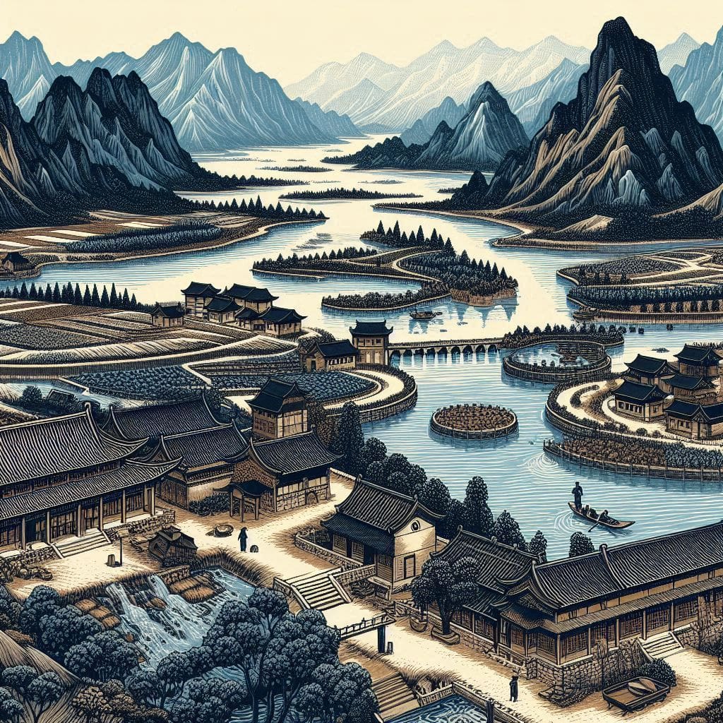 Woodcut-like Chinese landscape showing effective water management