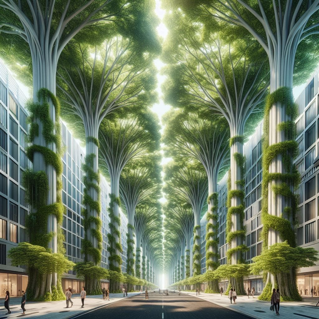 Downtown avenue with huge trees, casting shades onto the pedestrians