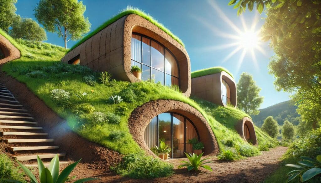 Earth houses with large panoramic windows are partially buried beneath lush grassy slopes