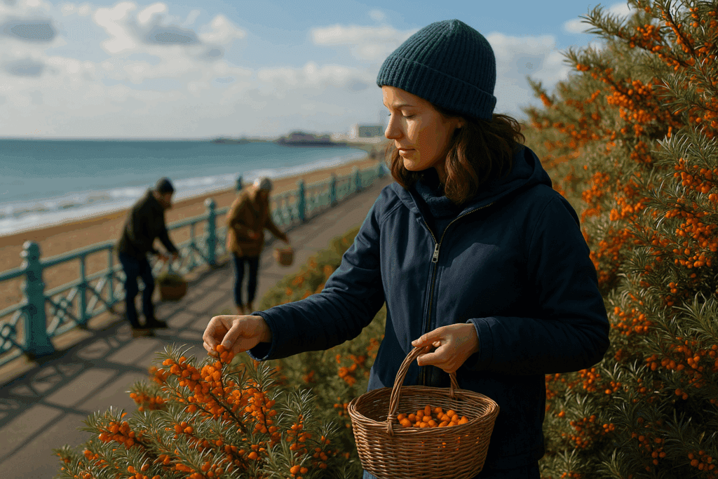 Foraging sea buckhorn berries at the British seaside