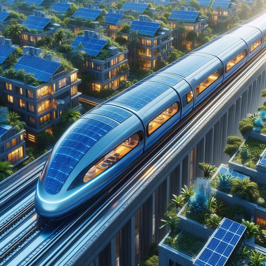 Maglev high-speed train crossing a suburb with solar clad houses