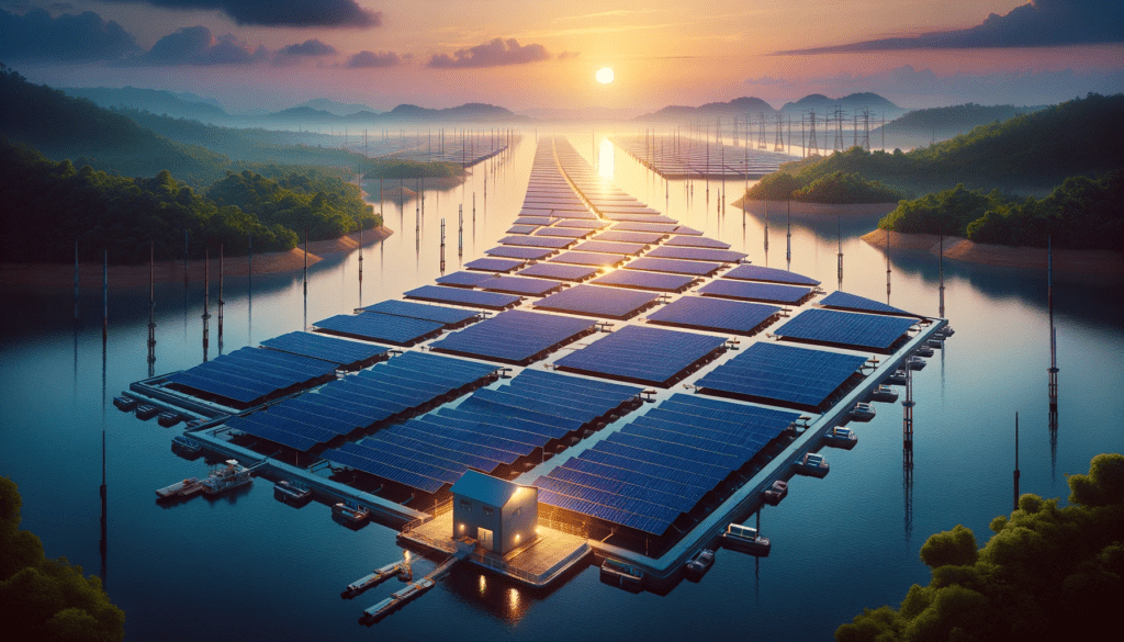 Massive floating array of PV solar panels on a lake during sunset