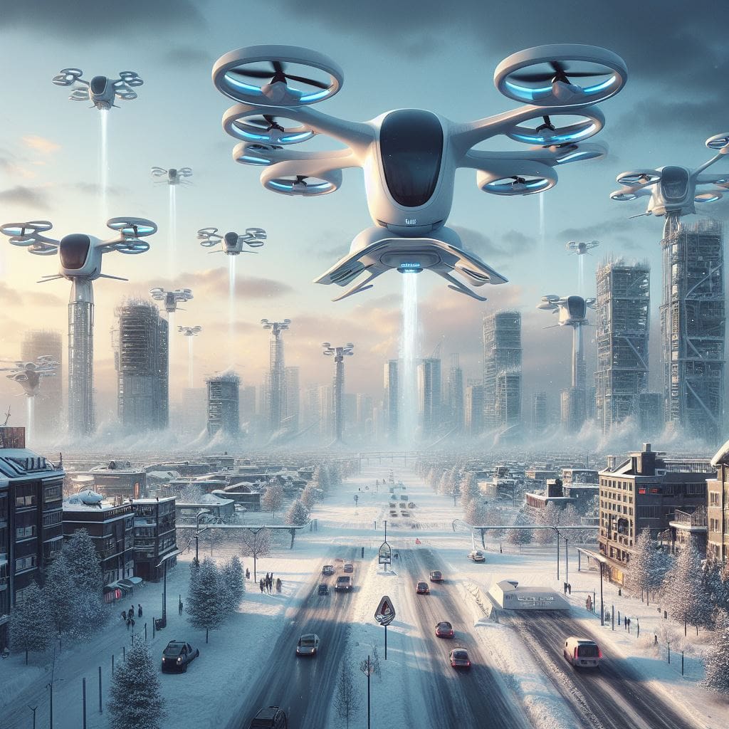 Futuristic snowy city with electric vertical take-off and landing vehicles (eVTOLs) hovering