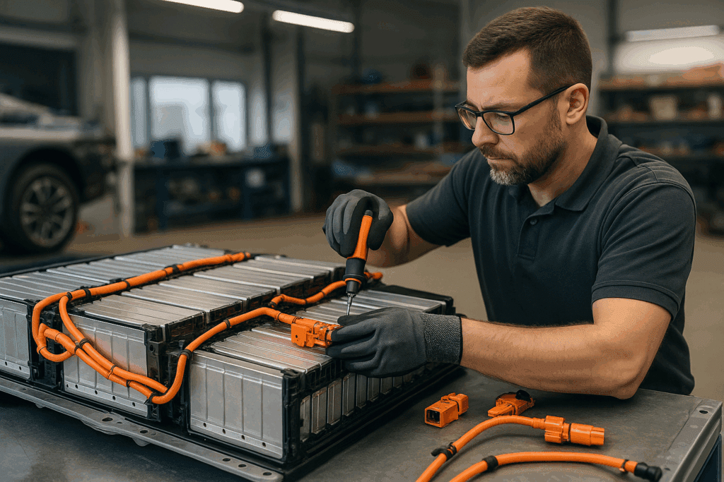 A technician is disassembling an electric battery for recycling purposes