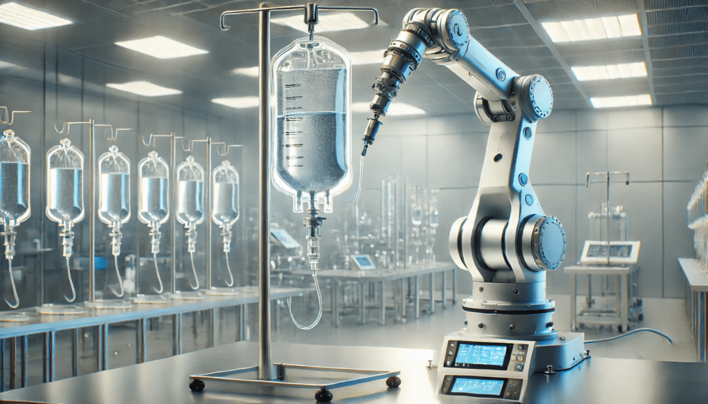 Robot arm in a clinical room preparing infusion bags