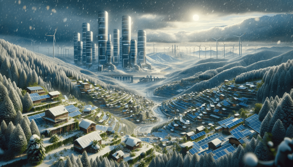 Solarpunk cityscape in the snow