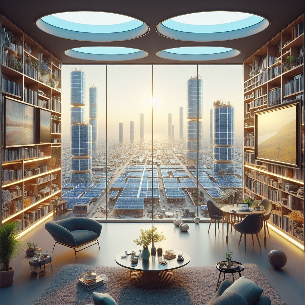 View out of an apartment with library shelves and comfy chairs across to a solar city