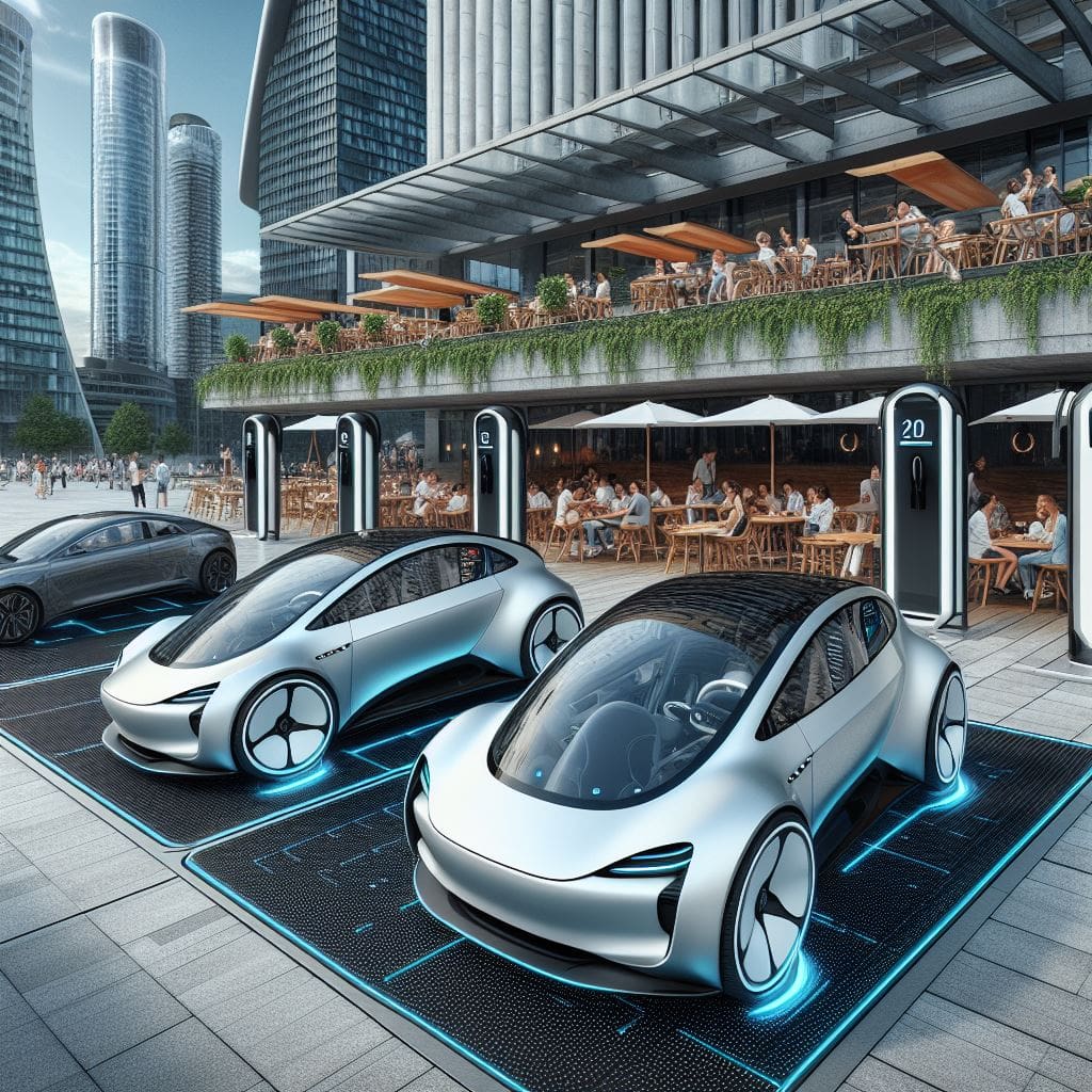 Future Electric Vehicles charging on black pads; one key energy source for charging is water power