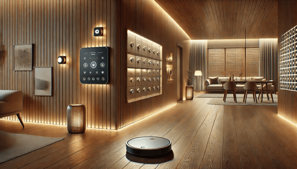 Smart homes often incorporate an eclectic interior with wooden floor and walls, concrete elements, fancy illumination, automated blinds and integrated touch screens