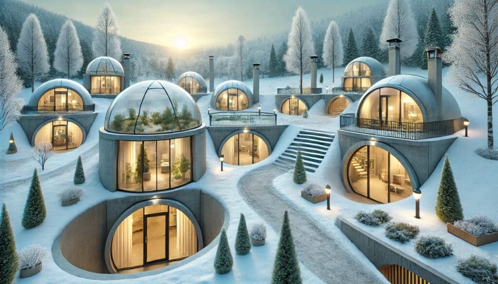 Futuristische Erdhäuser mit großen Fenstern und Glaskuppeln zum Einfangen von Sonne und Wärme; in einen Hang gebaut; Winterlandschaft