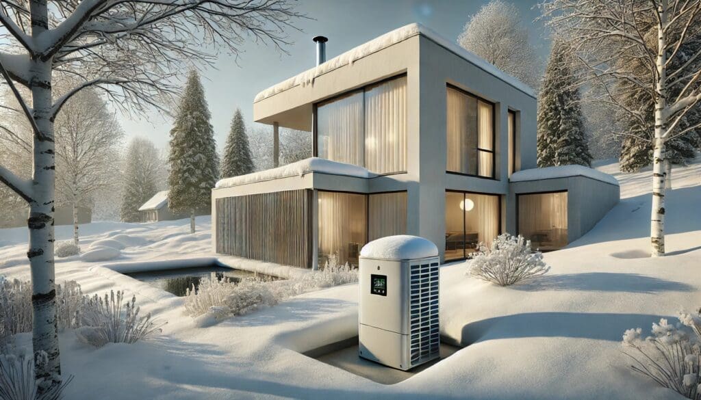 Sehr modernes Niedrigenergiehaus im Schnee; die Wärmepumpe befindet sich im verschneiten Garten