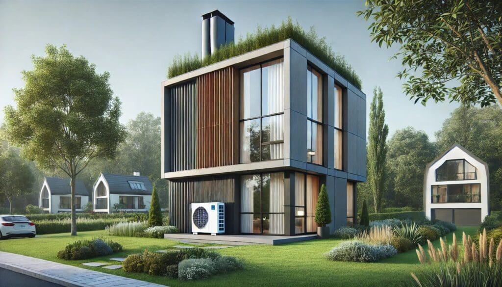 Smart house with south oriented big windows, a grass covered roof and a heatpump