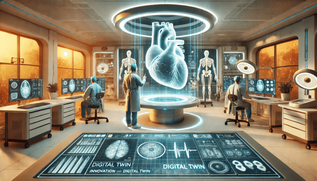 Laborszenario, das zeigt, wie Fachärzte die vergrößerte 3D-Projektion eines Digital Twins des Herzens untersuchen