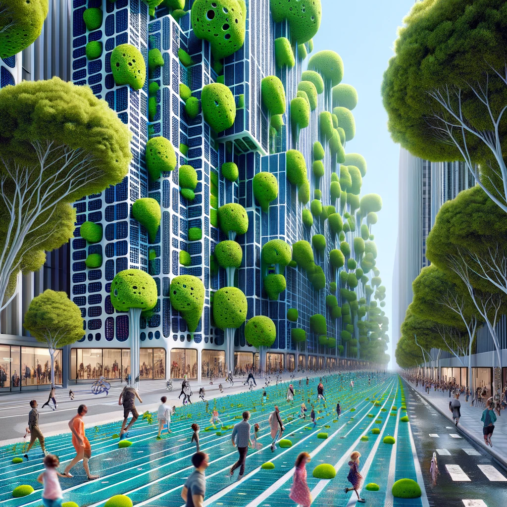 Sponge-shaped trees coming out of the apartment block facades; people are walking along a city boulevard with greenery on the ground