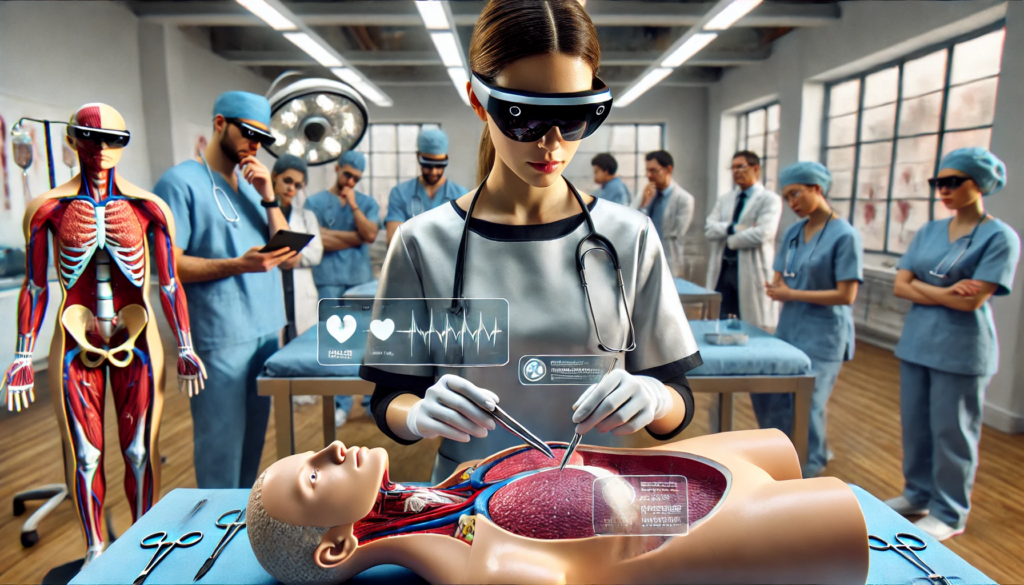 Zukunftsszenario einer jungen Ärztin, die mit Hilfe von Smart Glassese ein medizinisches Training an einer Puppe absolviert