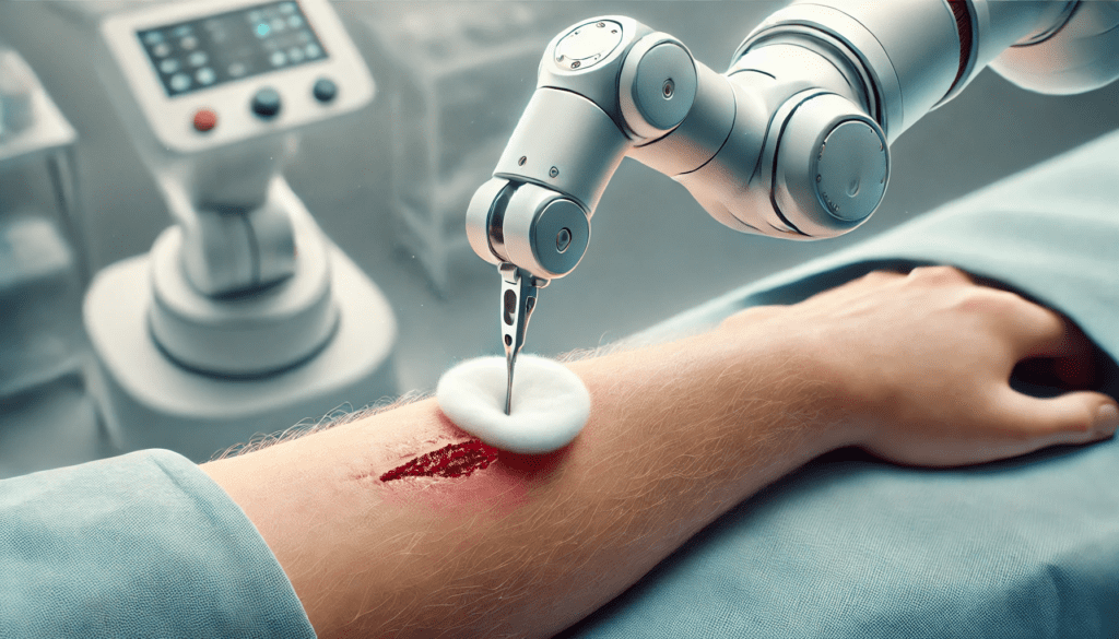 Roboterarm, der eine Wunde am Unterarm einer Person versorgt; dies könnte voll automatisiert und sogar aus der Ferne geschehen