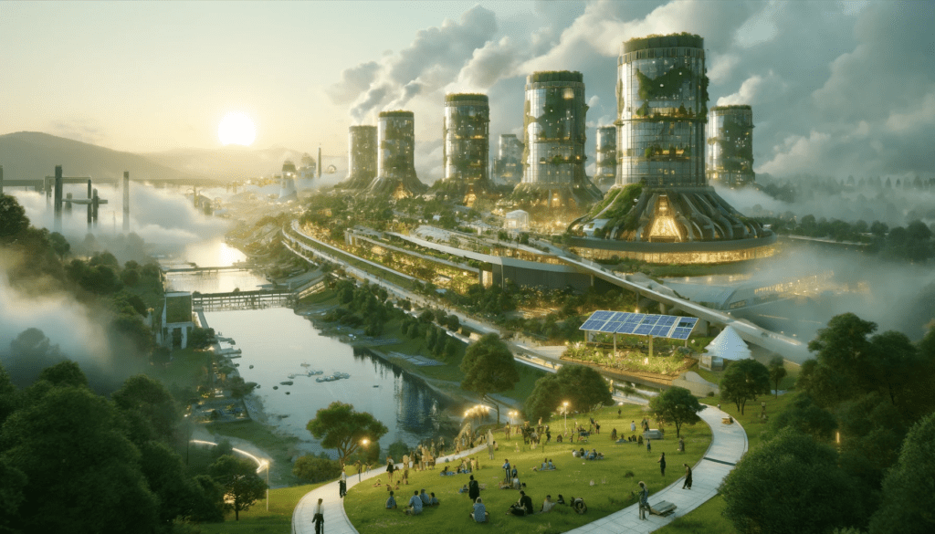 Solarpunk landscape showing a peninsula with eight big fusion reactors in the backdrop; in the foreground people are sitting on a green embankment, watching the sunset