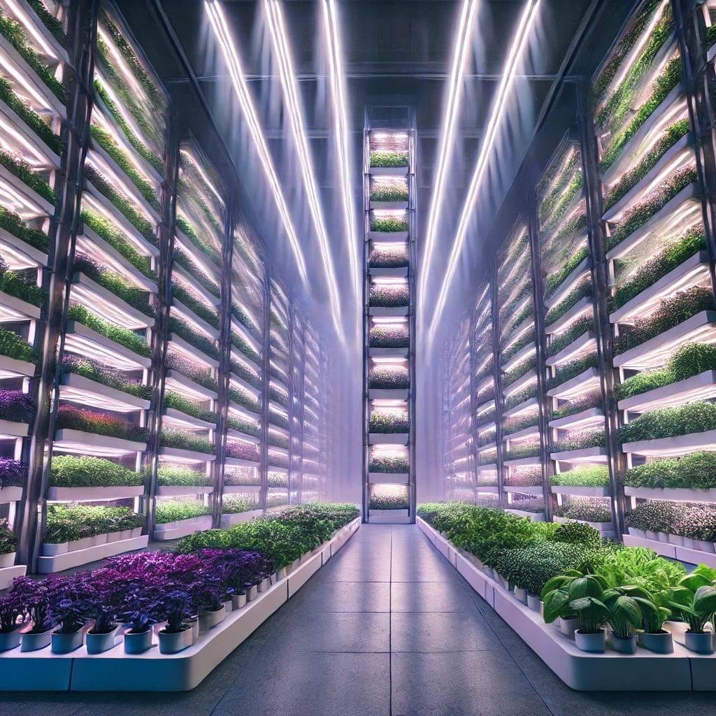 Veggies and plants grown in vertical gardens underground, "fed" by artificial purple light