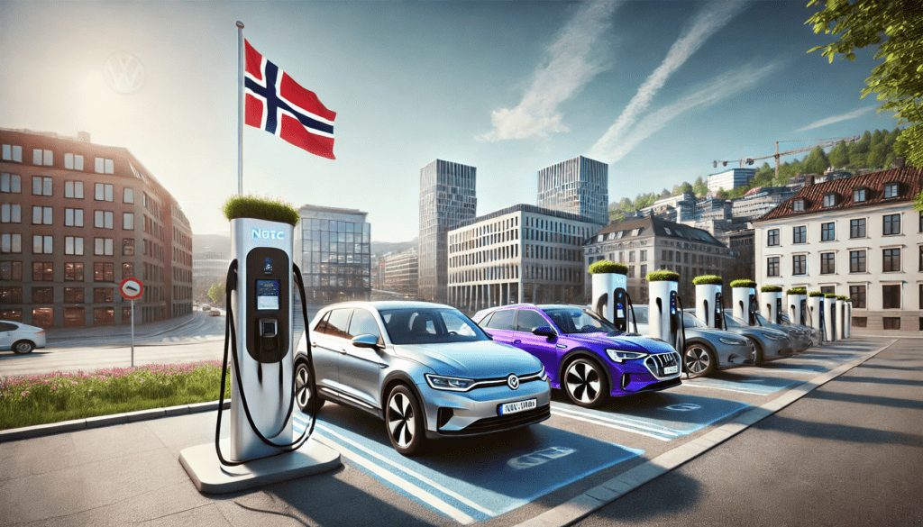 Row of electric vehicles being charged; the Norwegian flag is mounted on one of the charging points