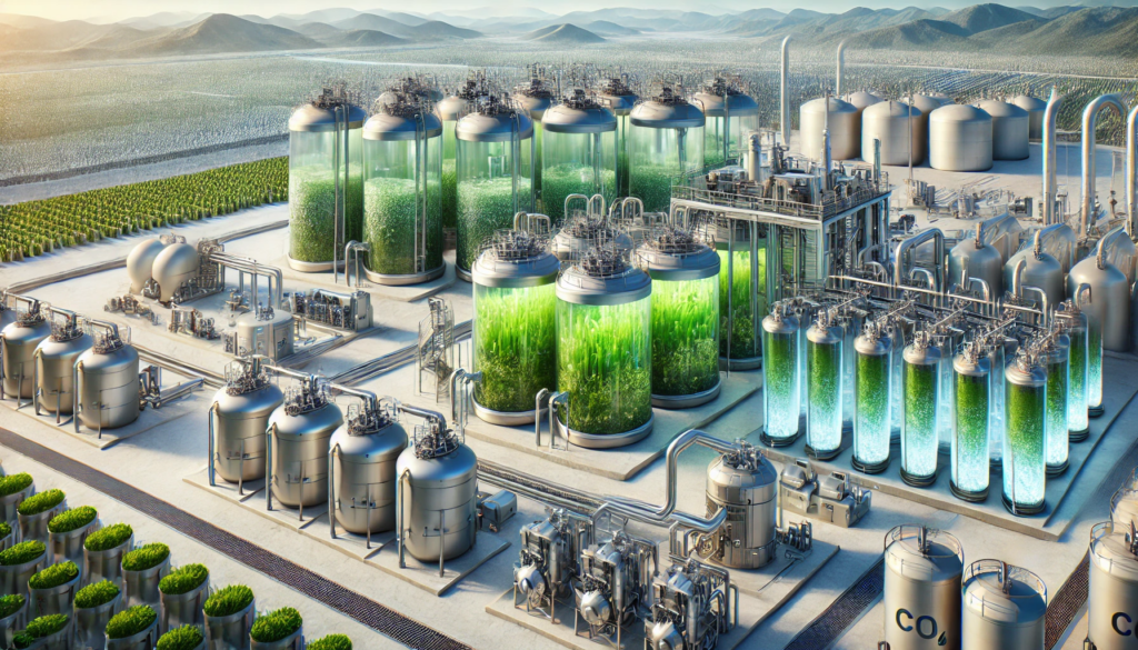 Futuristic view on a huge bioengineering facility in the middle of agricultural land; tall glass bioreactors are filled with green biomass and/or liquids