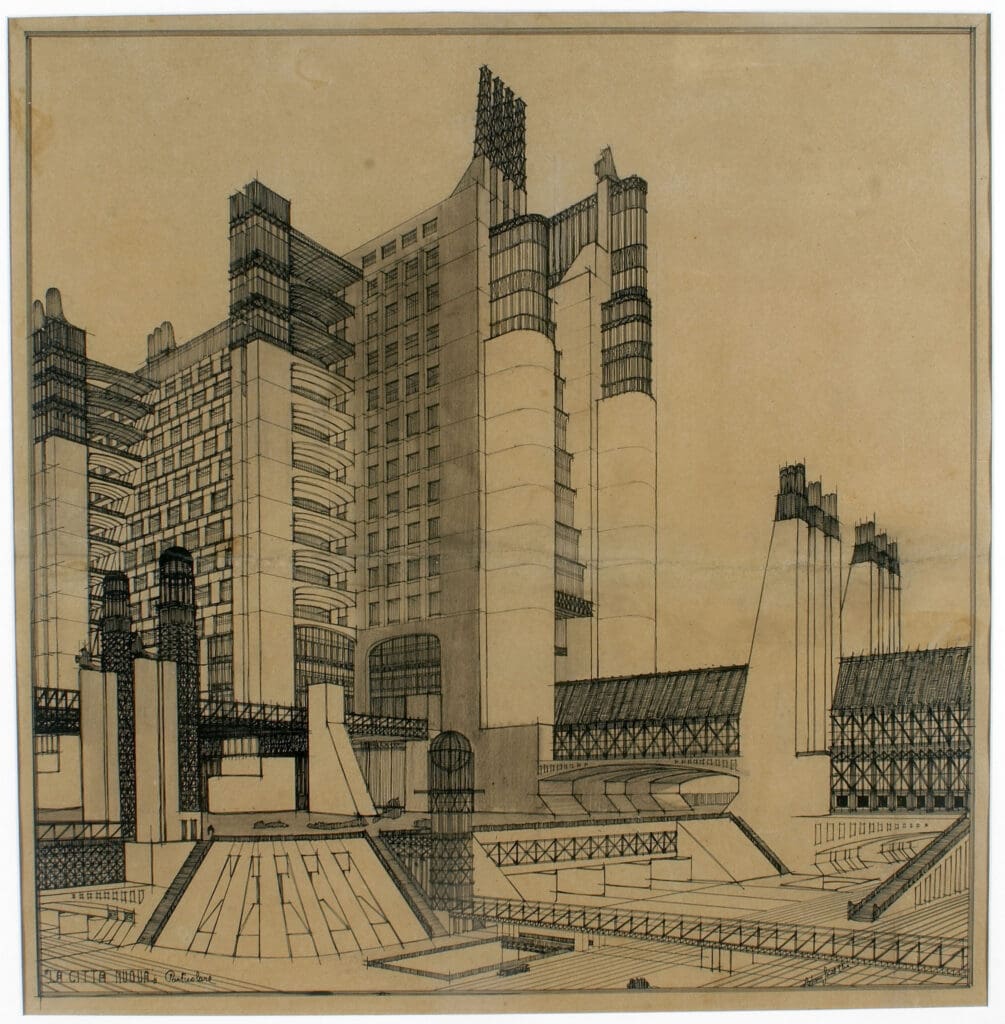 Cityscape drawing with a tall building and massive bridge, "La Citta' Nuova" (the New City), by Antonio Sant'Elia, futurism style