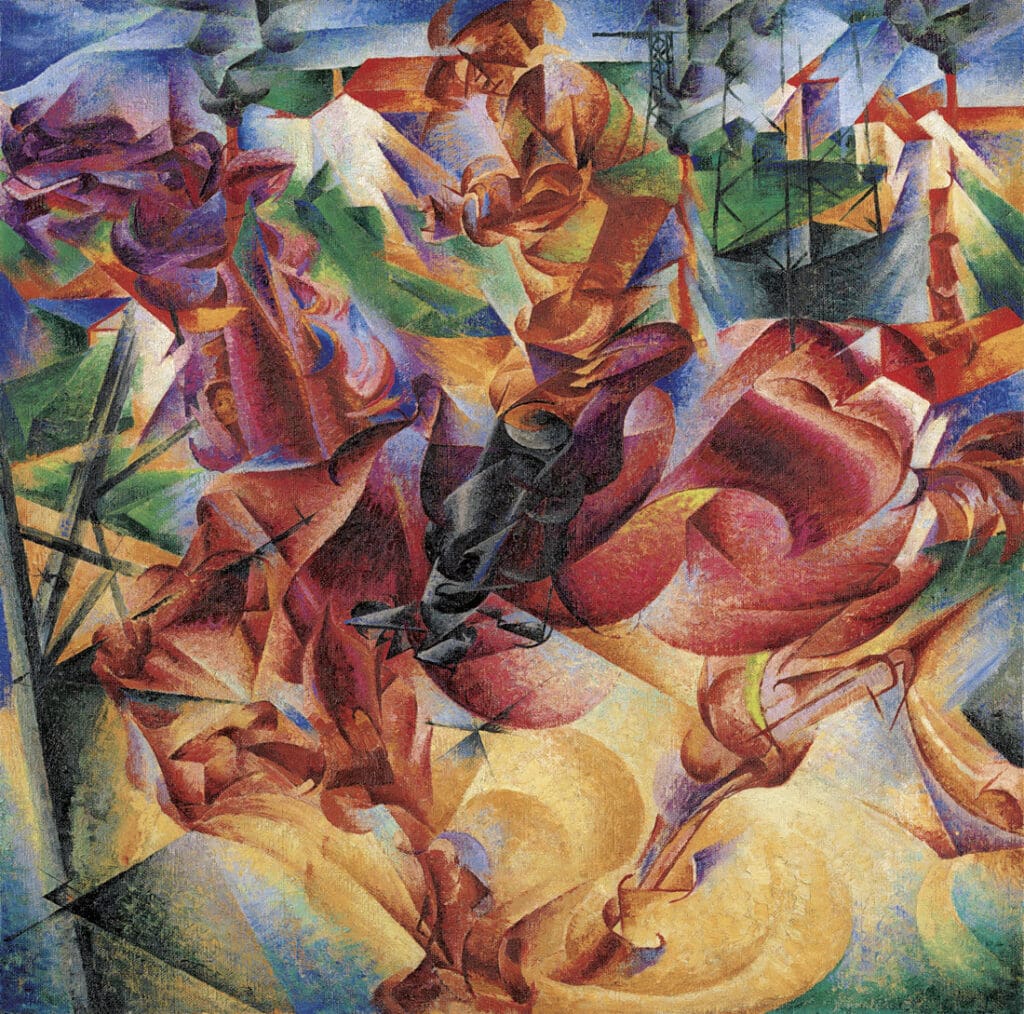Umberto Boccioni's colorful and energetic "Elasticity" oil painting, capturing the essence of a horse and rider in motion