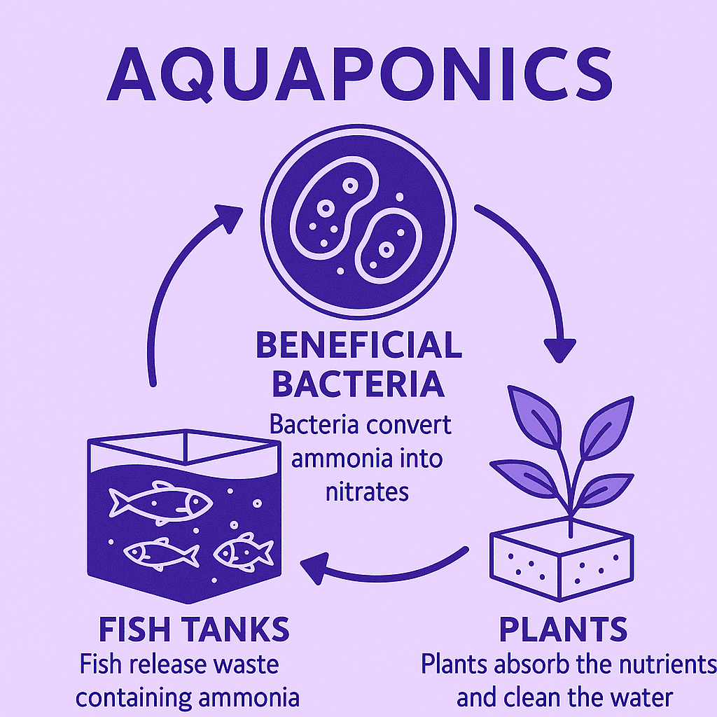 Infographic on aquaponics illustrating the cycle of waste transforming into nutrients and then into clean water