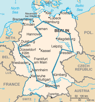 Map of Germany showing the shortest route to visit the 15 biggest cities
