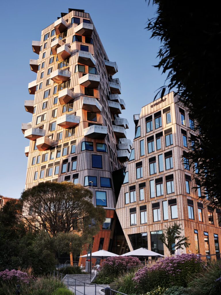 The two angled towers of Vertikal Nydalen side by side