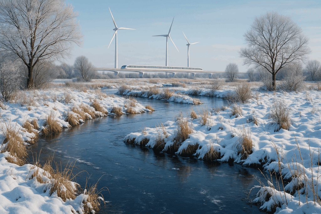 Floodlands in winter, with a Mag-Lev train and wind turbines on the horizon