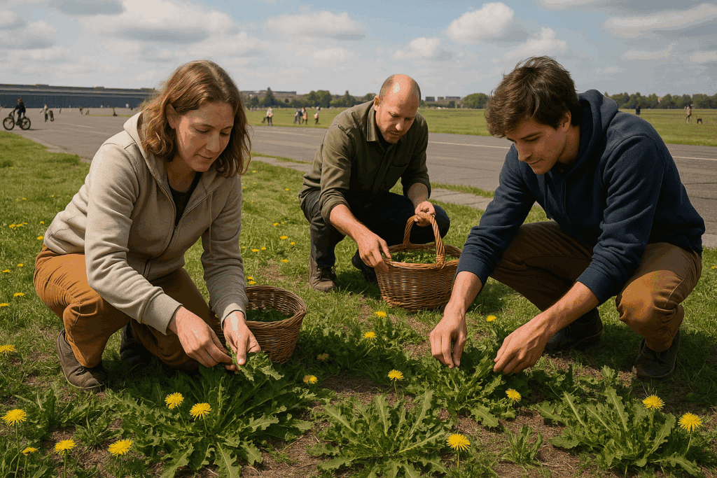 Drei Personen pflücken Löwenzahn auf dem ehemaligen Flugfeld Tempelhof in Berlin - jetzt zum  öffentlichen Park geworden.