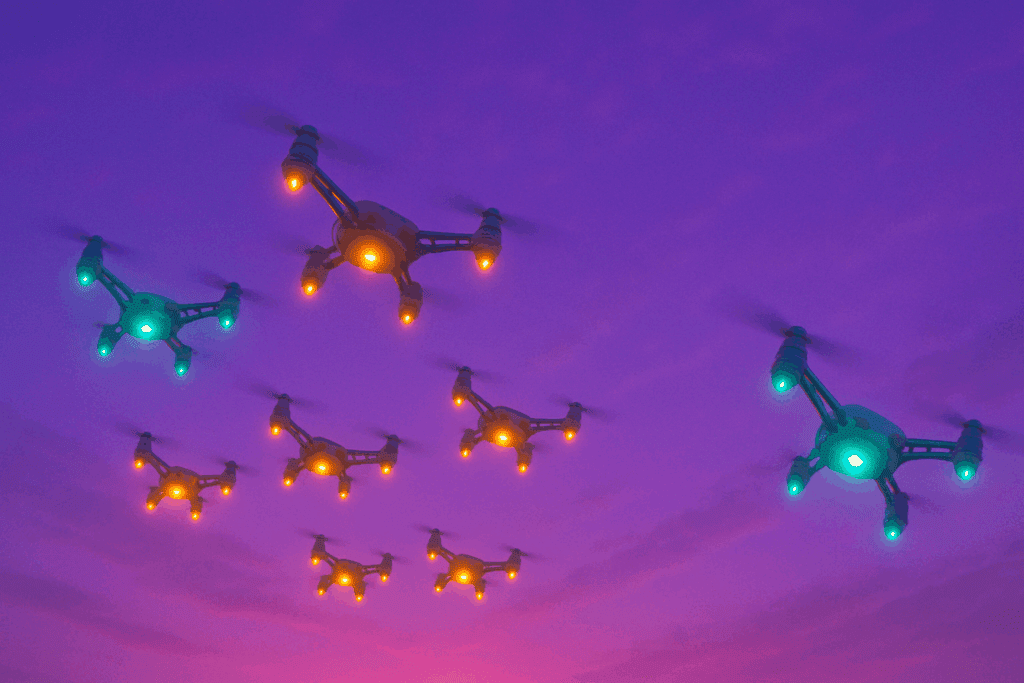 Swarm of eight drones with green and orange lights, against a purple sky