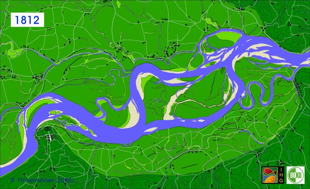Map of the Danube's meandering side channels in 1812 (simulation)