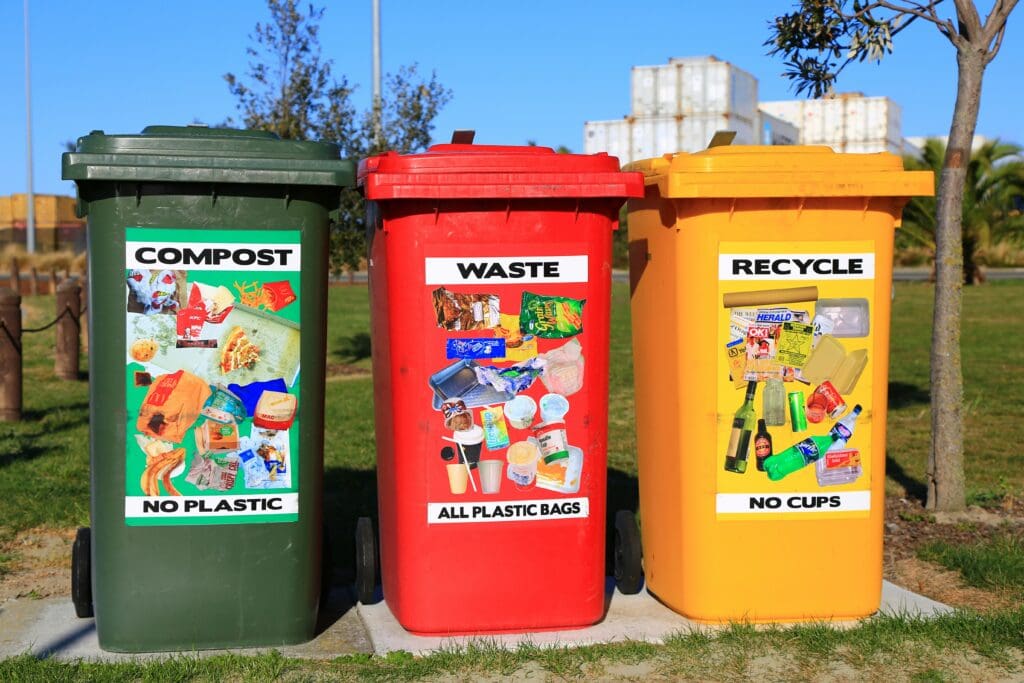 Colorful green, red and yellow recycle and waste bins