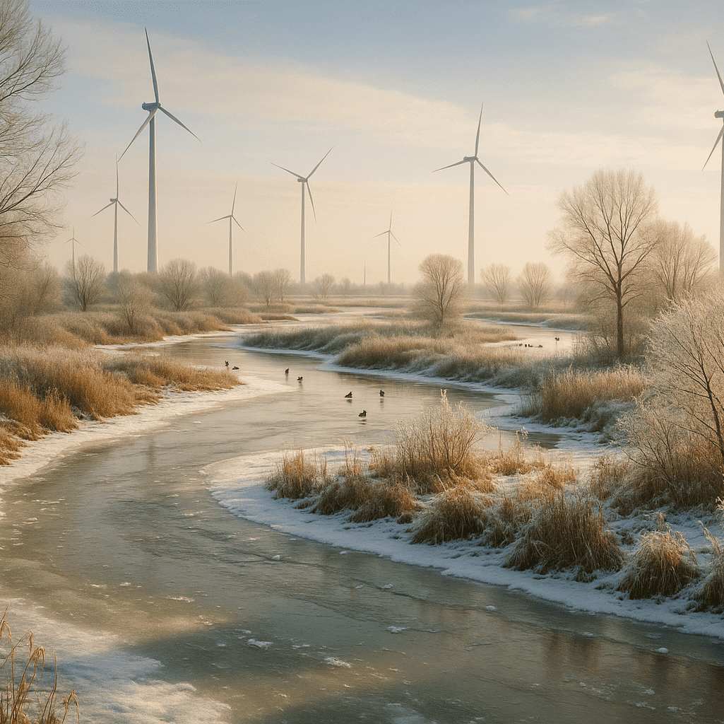 Frozen wetlands landscape with wind turbines in the backdrop