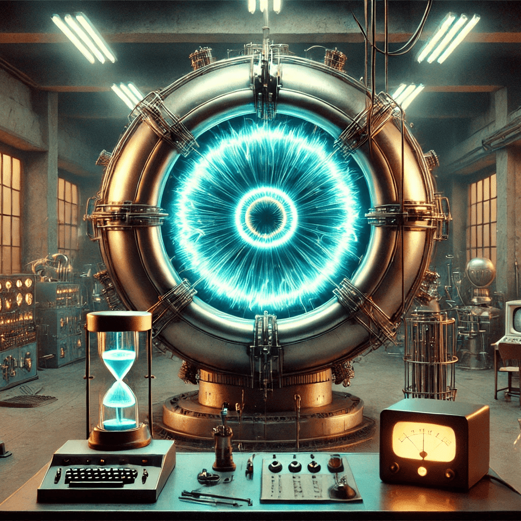 Retro-style fusion energy torus in a lab with brass meters and instruments